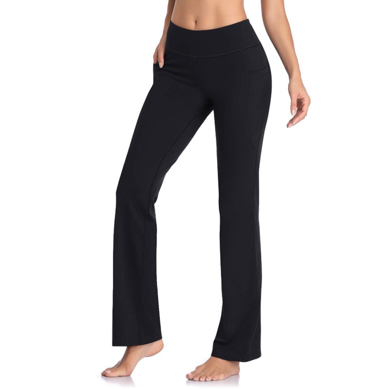HISKYWIN Side Pockets Yoga Pants 4 Way Stretch Tummy Control Workout Running Pants, Long Bootleg Flare Pants HF201-Black-S - Image 3